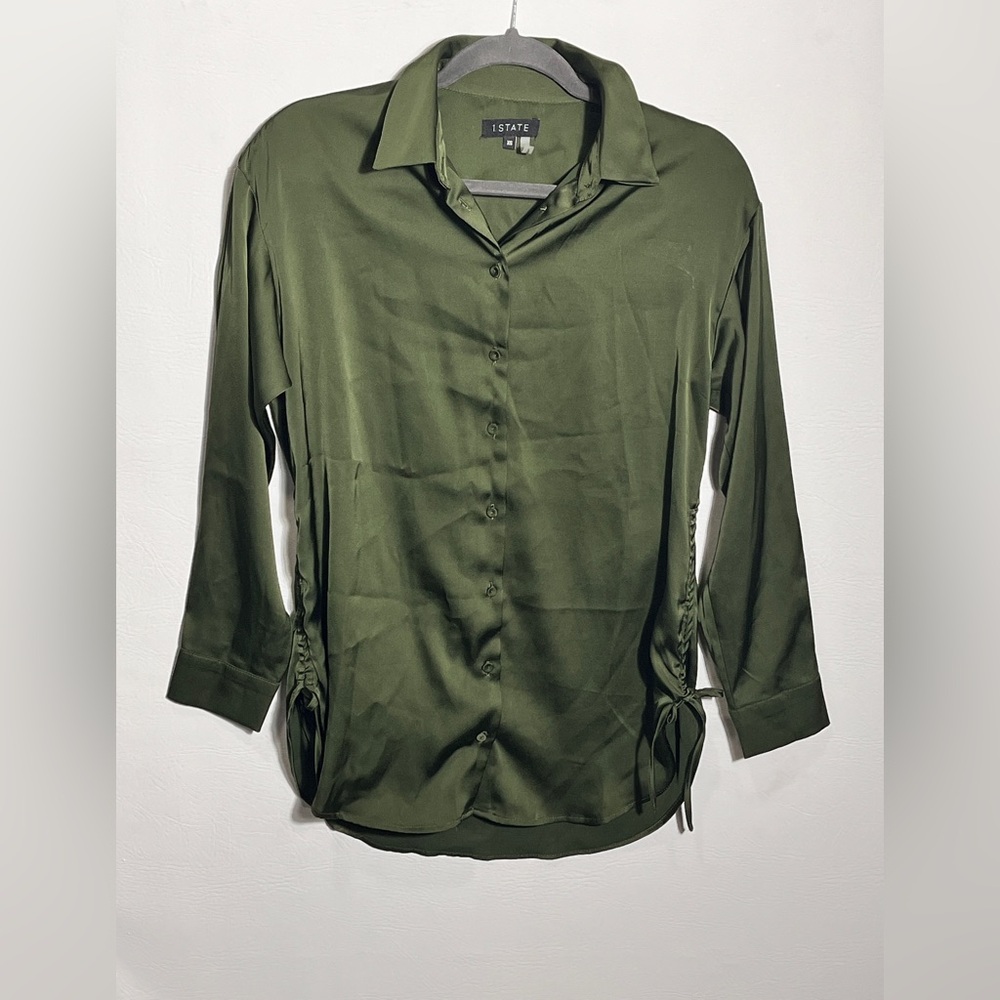 1. State Forest Green Satin Collared Button Up Shirt XS